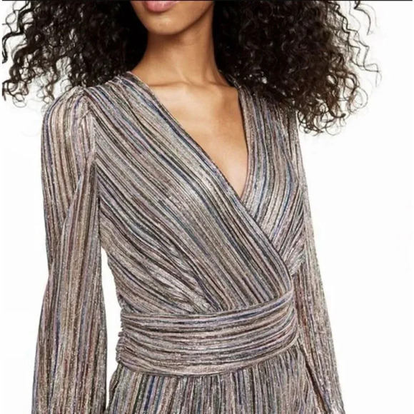 Julia Jordan Multi Colored Shimmery Stripe Metallic Long Sleeve Faux Wrap Dress - Picture 2 of 15